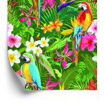 Behang Tropische Papegaaien Bladeren En Bloemen