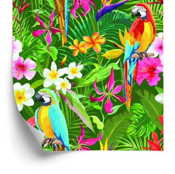 Behang Tropische Papegaaien Bladeren En Bloemen