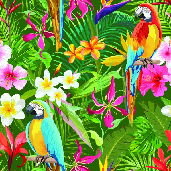 Behang Tropische Papegaaien Bladeren En Bloemen - Afbeelding 2