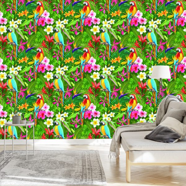 Behang Tropische Papegaaien Bladeren En Bloemen - Afbeelding 3