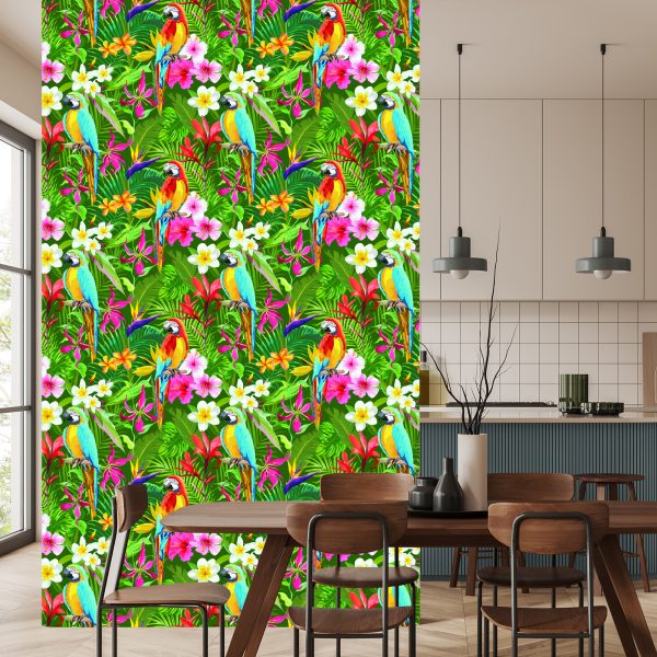 Behang Tropische Papegaaien Bladeren En Bloemen - Afbeelding 4