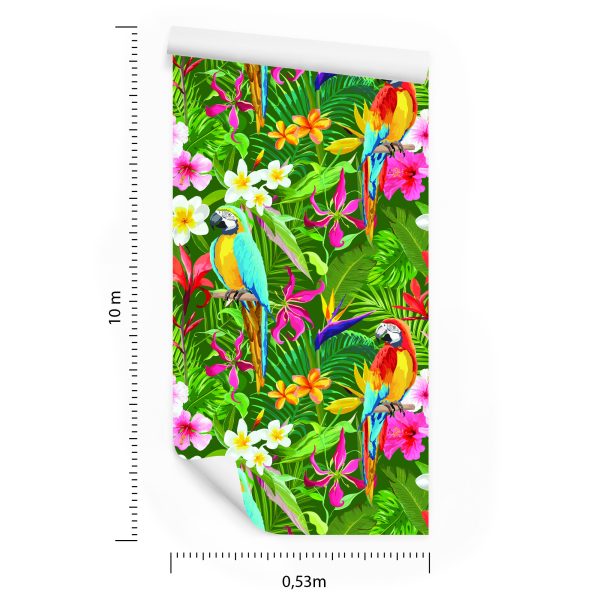 Behang Tropische Papegaaien Bladeren En Bloemen - Afbeelding 8