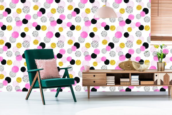 Behang Zwart, Roze En Gele Stippen - Afbeelding 6