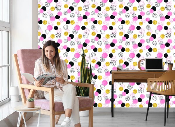 Behang Zwart, Roze En Gele Stippen - Afbeelding 7