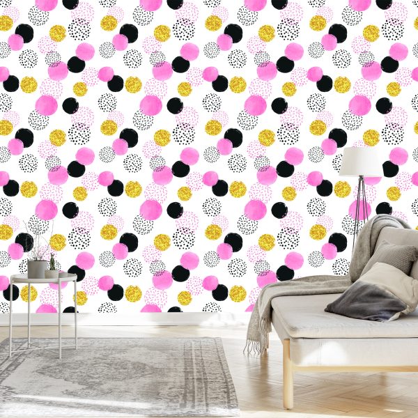Behang Zwart, Roze En Gele Stippen - Afbeelding 3