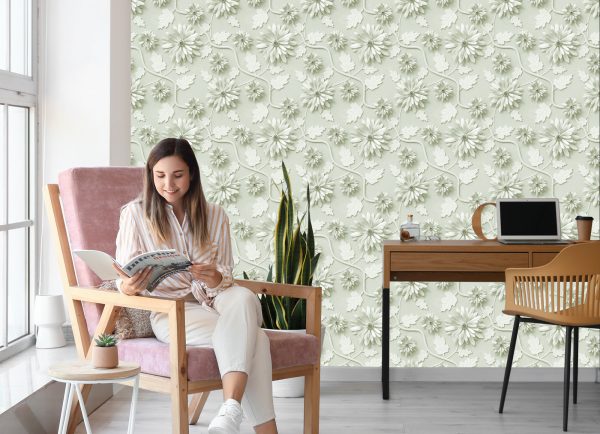 Behang Driedimensionale Chrysanten Met Bladeren - Afbeelding 7