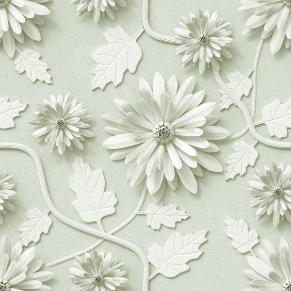 Behang Driedimensionale Chrysanten Met Bladeren - Afbeelding 2