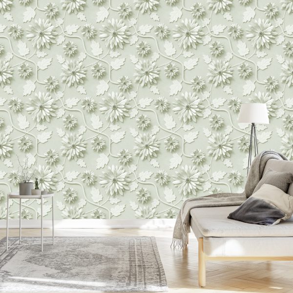 Behang Driedimensionale Chrysanten Met Bladeren - Afbeelding 3