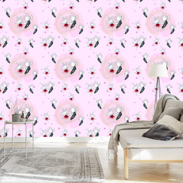 Behang Verliefd Konijntjes Tussen Bloemen - Afbeelding 3