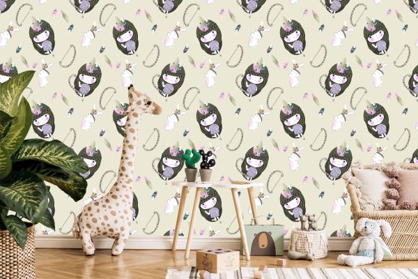 Behang Babymeisjes Met Konijntjes En Veren - Afbeelding 5