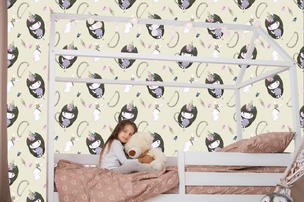 Behang Babymeisjes Met Konijntjes En Veren - Afbeelding 7