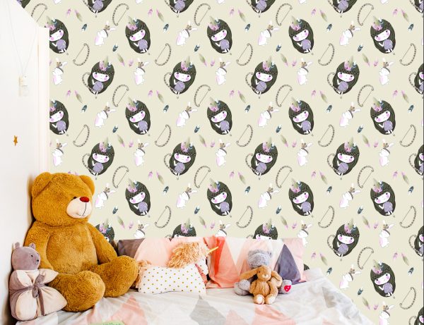 Behang Babymeisjes Met Konijntjes En Veren - Afbeelding 6