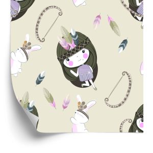 Behang Babymeisjes Met Konijntjes En Veren