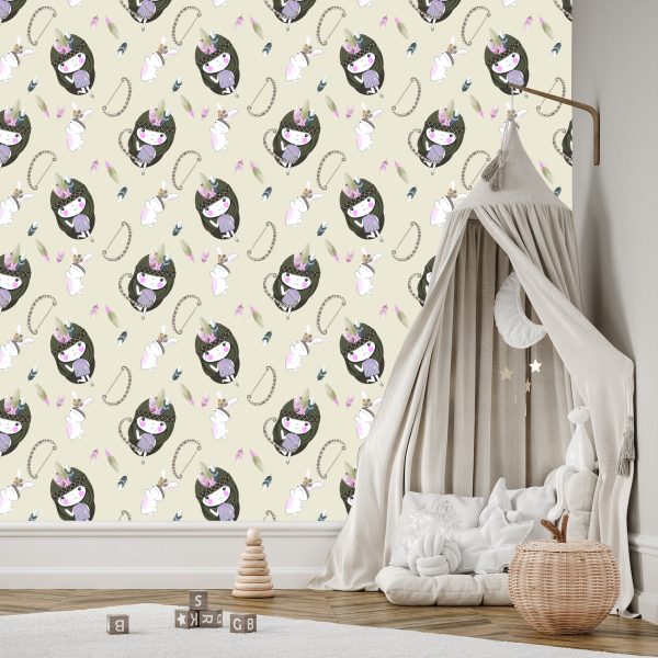 Behang Babymeisjes Met Konijntjes En Veren - Afbeelding 3