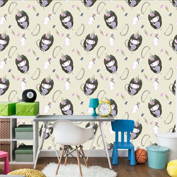 Behang Babymeisjes Met Konijntjes En Veren - Afbeelding 4