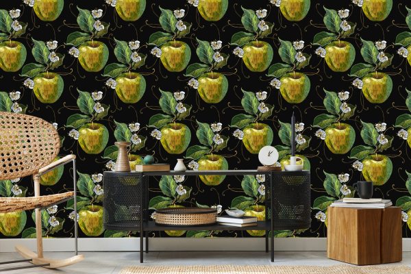 Behang Appels Met Bladeren En Bloemen - Afbeelding 5