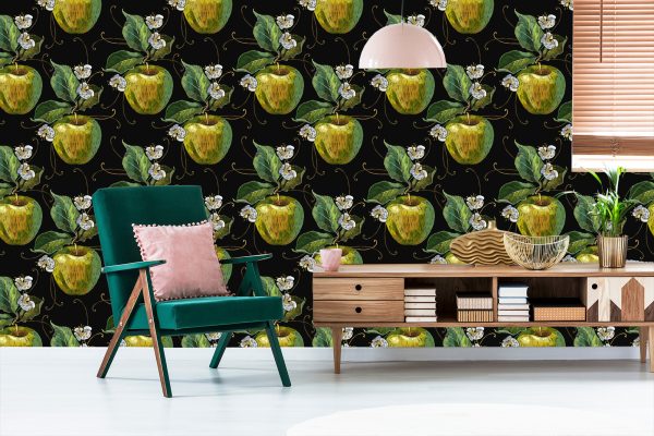 Behang Appels Met Bladeren En Bloemen - Afbeelding 6