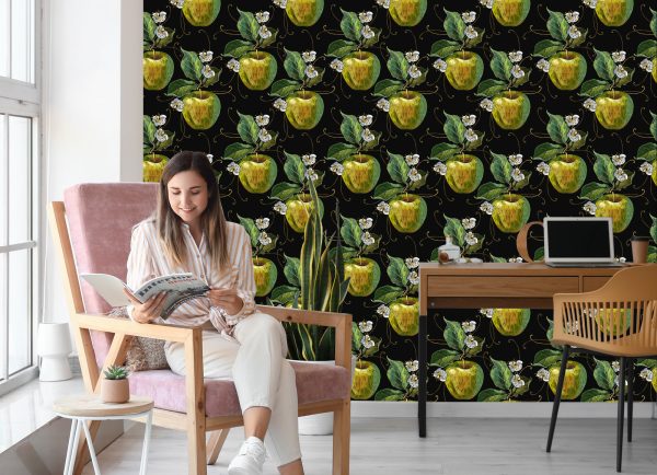 Behang Appels Met Bladeren En Bloemen - Afbeelding 7
