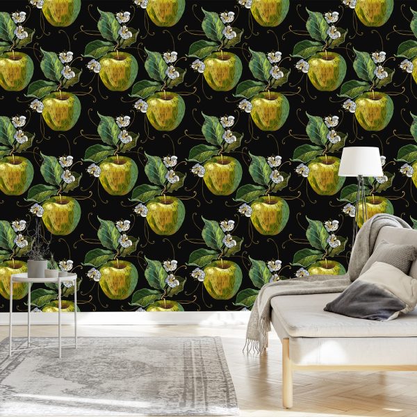 Behang Appels Met Bladeren En Bloemen - Afbeelding 3