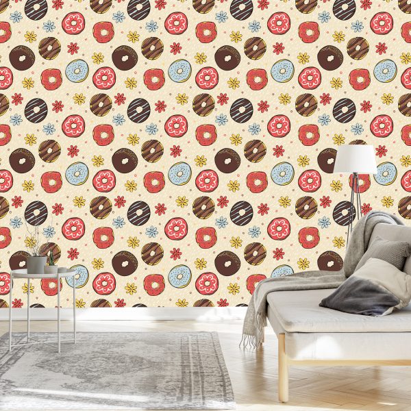 Behang Kleurrijke Donuts Met Bloemen - Afbeelding 3