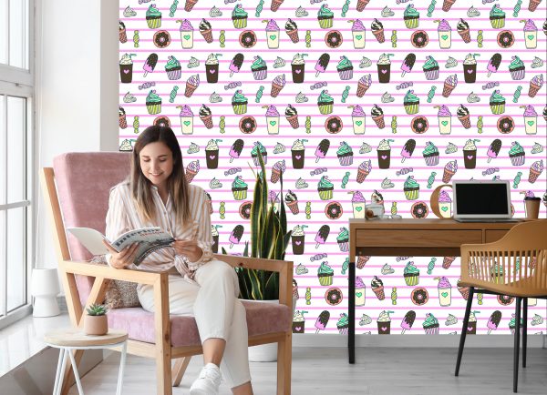 Behang Snoepjes Op Een Gestreepte Achtergrond - Afbeelding 7