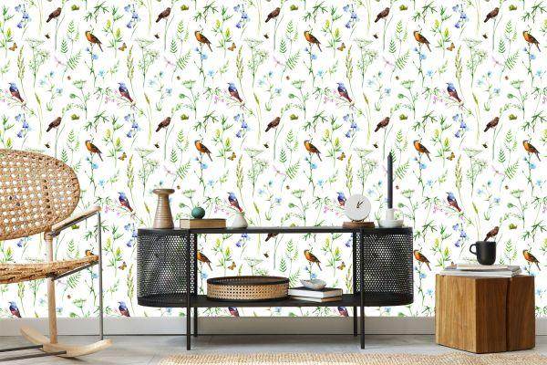 Behang Voor De Woonkamer, Vogels, Bloemen, Bladeren, Natuur, Vlinders - Afbeelding 5