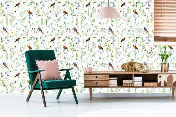 Behang Voor De Woonkamer, Vogels, Bloemen, Bladeren, Natuur, Vlinders - Afbeelding 6