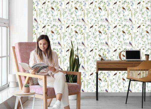 Behang Voor De Woonkamer, Vogels, Bloemen, Bladeren, Natuur, Vlinders - Afbeelding 7