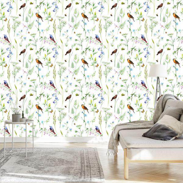 Behang Voor De Woonkamer, Vogels, Bloemen, Bladeren, Natuur, Vlinders - Afbeelding 3