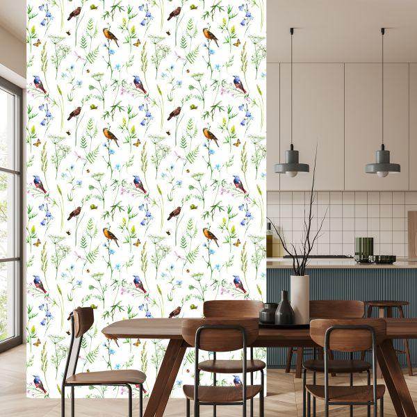 Behang Voor De Woonkamer, Vogels, Bloemen, Bladeren, Natuur, Vlinders - Afbeelding 4