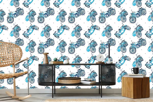Behang Blauwe Vintage Motorfietsen - Afbeelding 5