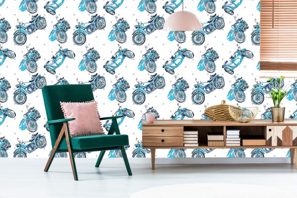 Behang Blauwe Vintage Motorfietsen - Afbeelding 6