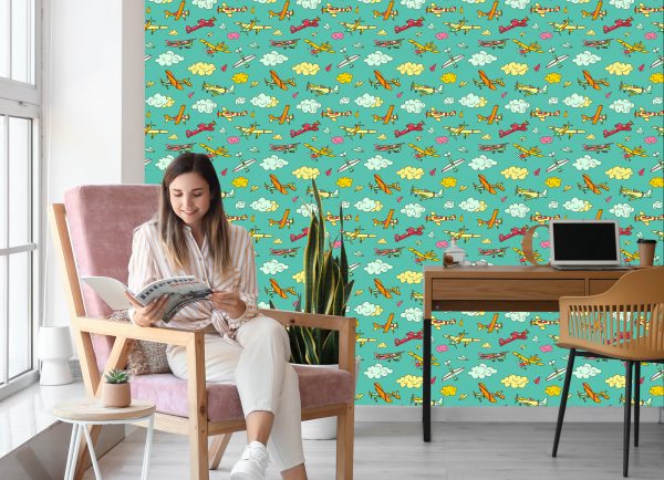 Behang Kleurrijke Vliegtuigen In Retrostijl - Afbeelding 7