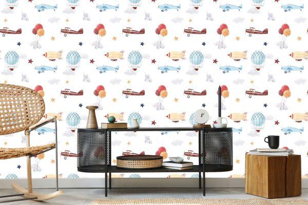 Behang Babydieren, Vliegtuigen, Ballonnen, Wolken - Afbeelding 5