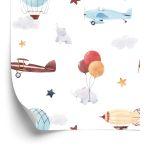 Behang Babydieren, Vliegtuigen, Ballonnen, Wolken