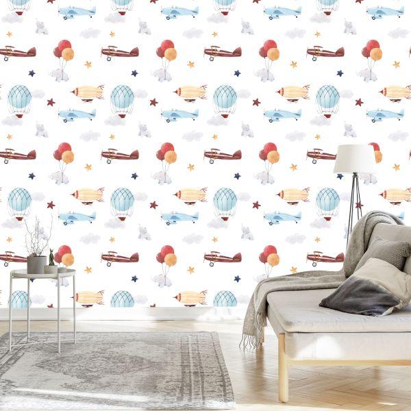 Behang Babydieren, Vliegtuigen, Ballonnen, Wolken - Afbeelding 3