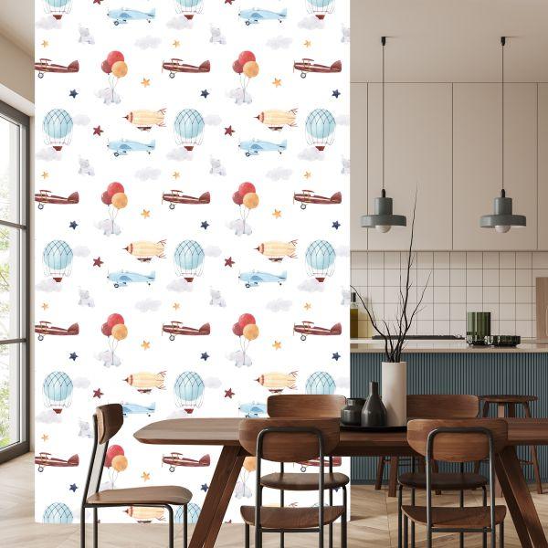 Behang Babydieren, Vliegtuigen, Ballonnen, Wolken - Afbeelding 4