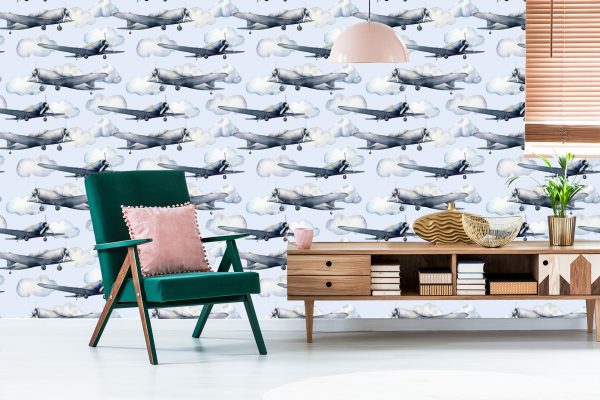Behang Tienermeisje Geschilderde Vliegtuigen Vintage Decor - Afbeelding 6