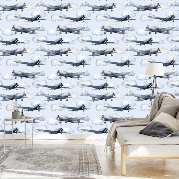 Behang Tienermeisje Geschilderde Vliegtuigen Vintage Decor - Afbeelding 3