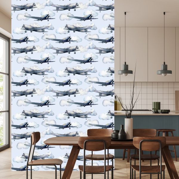 Behang Tienermeisje Geschilderde Vliegtuigen Vintage Decor - Afbeelding 4