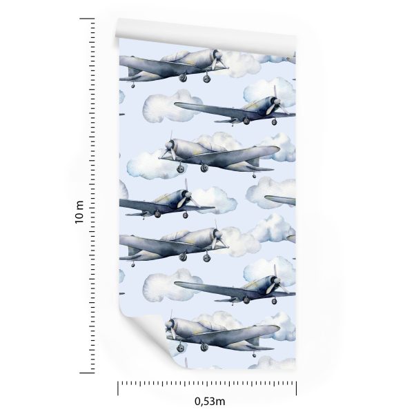 Behang Tienermeisje Geschilderde Vliegtuigen Vintage Decor - Afbeelding 8