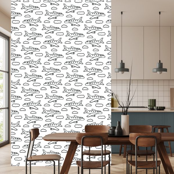 Behang Zwart-Witte Vliegtuigen Met Wolken - Afbeelding 4