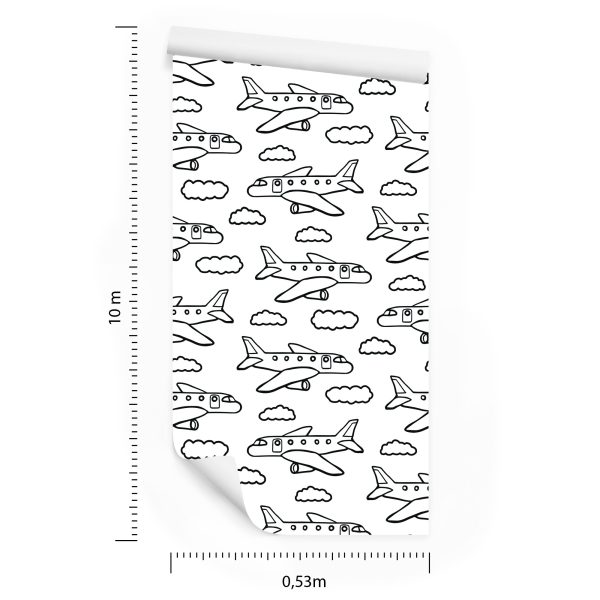 Behang Zwart-Witte Vliegtuigen Met Wolken - Afbeelding 8