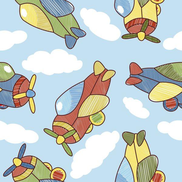 Behang Kleurrijke Sprookjesvliegtuigen Met Wolken - Afbeelding 2