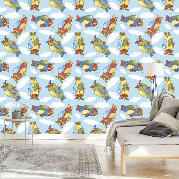Behang Kleurrijke Sprookjesvliegtuigen Met Wolken - Afbeelding 3