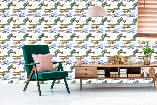 Behang Retro Vliegtuigen Met Wolken - Afbeelding 6