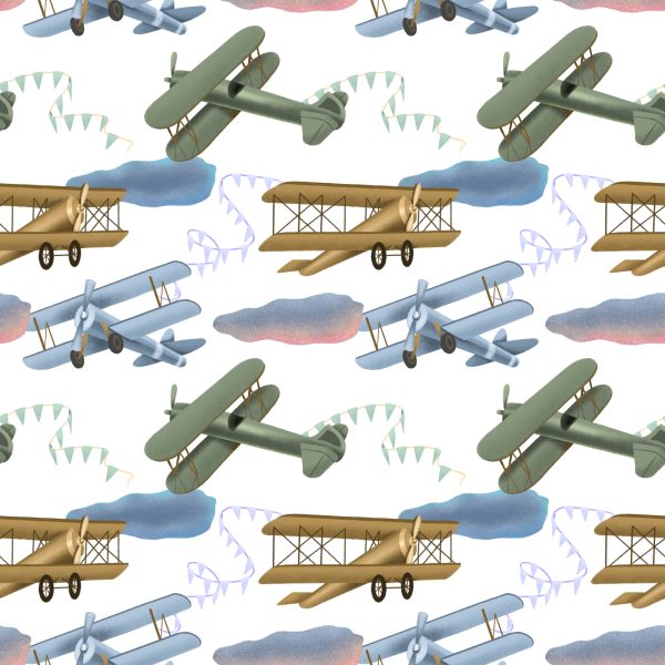 Behang Retro Vliegtuigen Met Wolken - Afbeelding 2