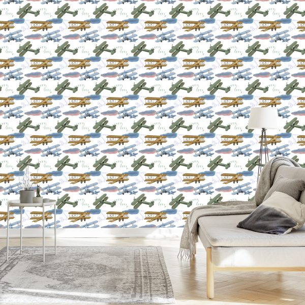 Behang Retro Vliegtuigen Met Wolken - Afbeelding 3