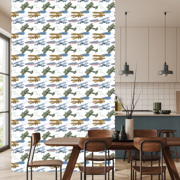 Behang Retro Vliegtuigen Met Wolken - Afbeelding 4
