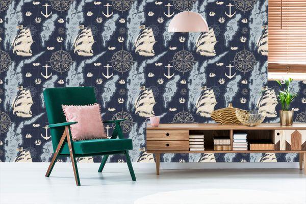 Behang Schepen Op Een Vintage Schatkaart - Afbeelding 6